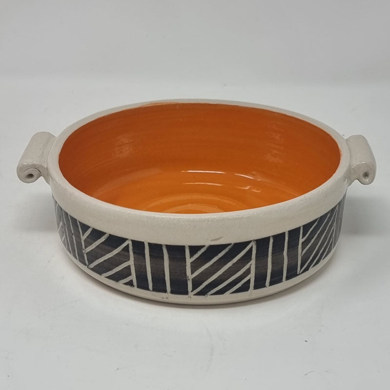 BRI231, Orange Sgrafitto dish with handles